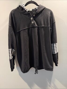 Maurices Black Hoodie with Black-and-White Plaid Accents